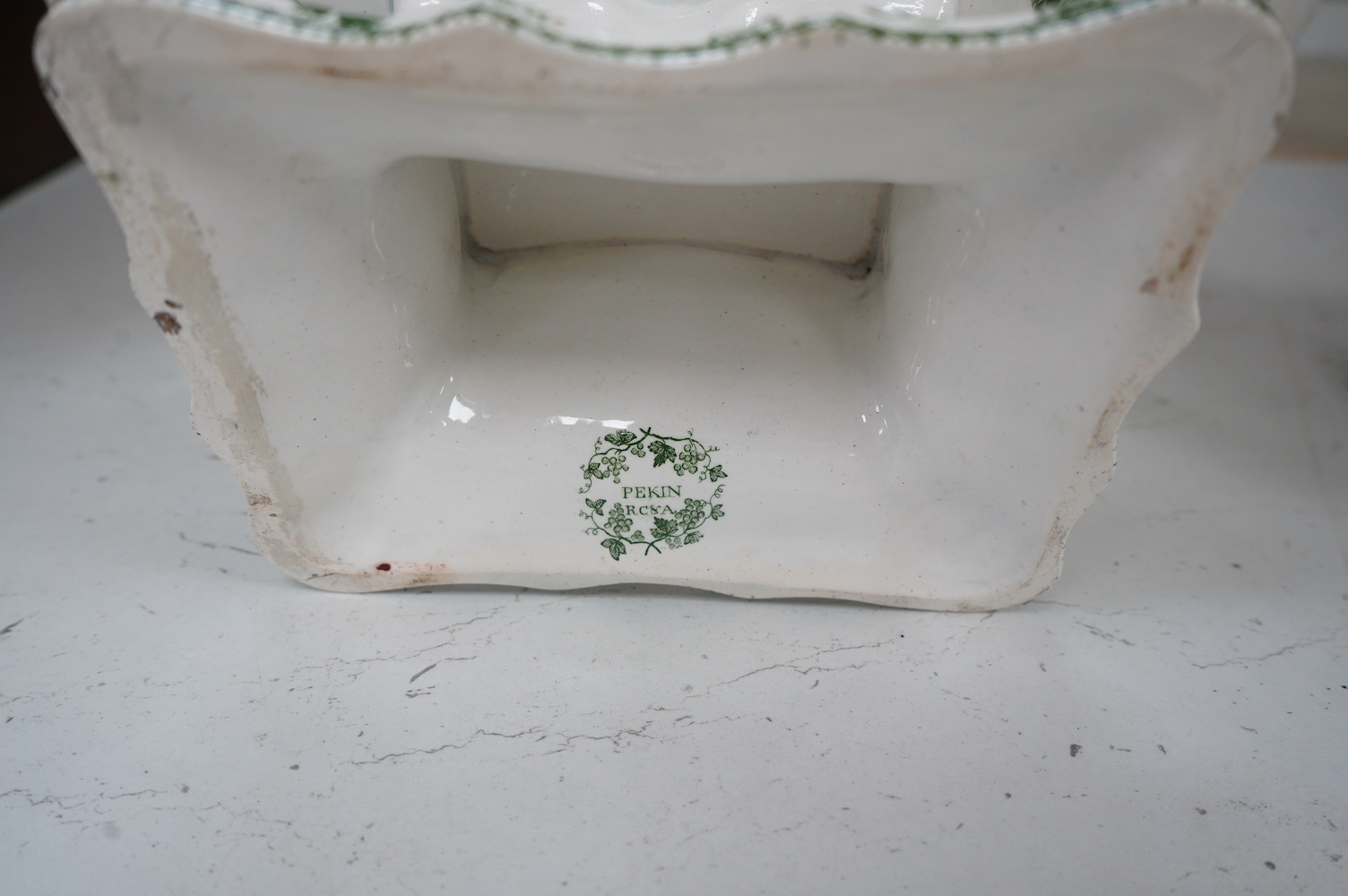 A Mason's ironstone tureen and cover, early 20th century, a Victorian Peking comport and a floral bowl and cover, largest 33cm (3). Condition - good